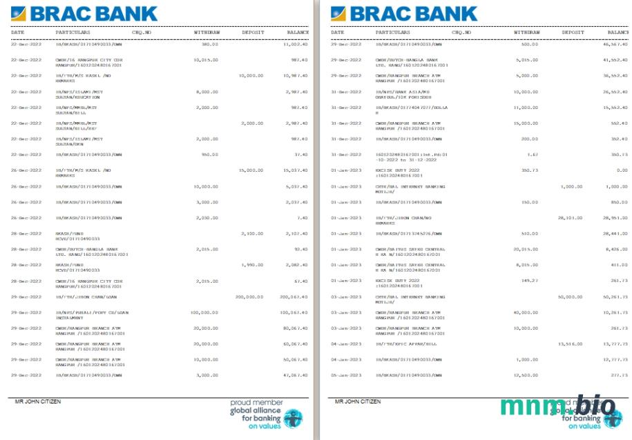 Bangladesz BRAC wyciąg bankowy 1-2